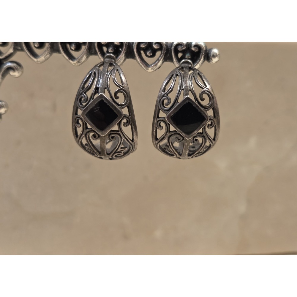 Vintage Black Onyx Sterling Silver‎ Open Scroll Work Dangle Earrings